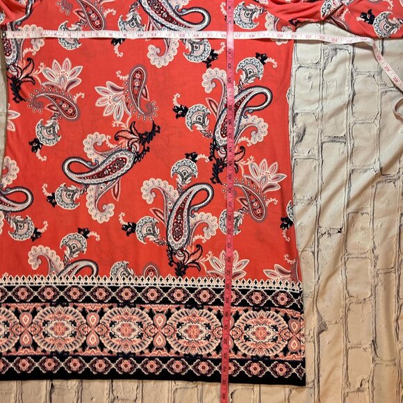 🍑 Peach Paisley Print Dress – 3/4 Bell Sleeves, Size Large Petite - Picture 4 of 6